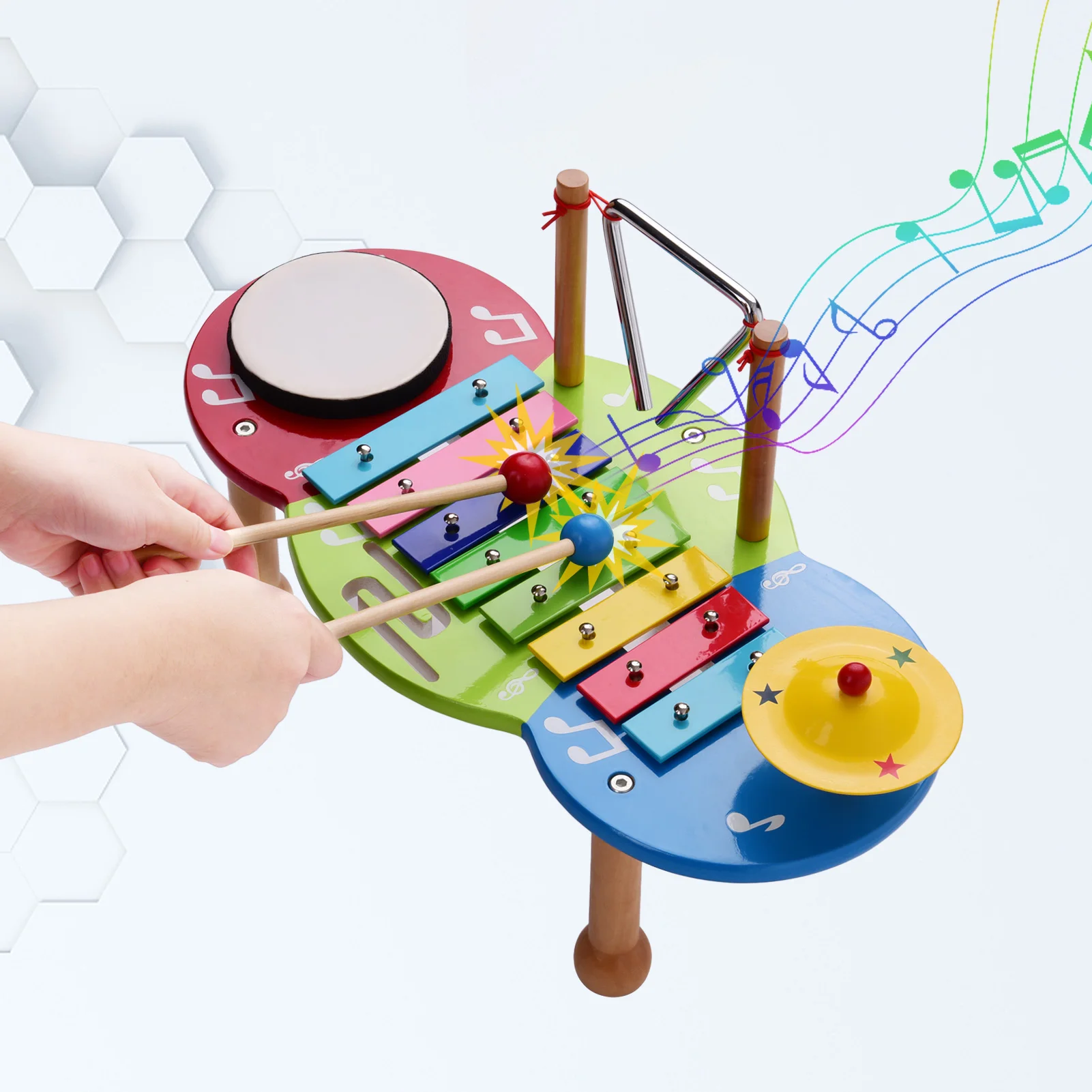 

ammoon Kids Percussion Instrument Set Percussion Drum + Iron Cymbal + Xylophone + Triangle Set Colorful Table for Boys Girls