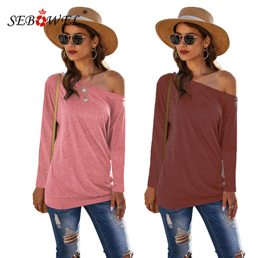 

Женская футболка с открытыми плечами SEBOWEL, Повседневная футболка с длинным рукавом, размер 2020, осень-весна, S-XXL