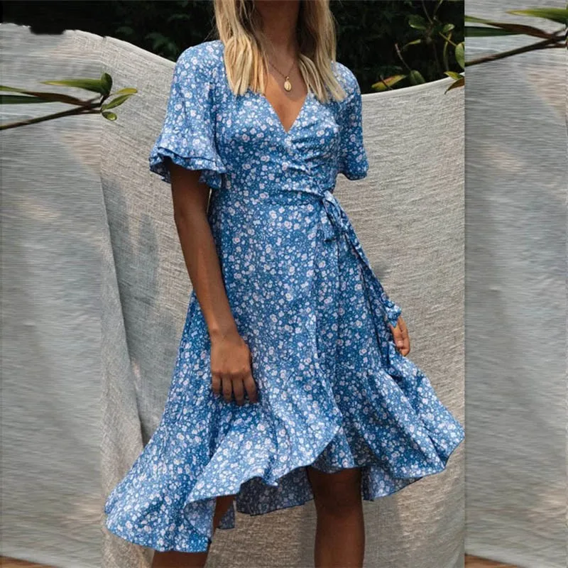 

OneLineFox Short Sleeve Blue Women Floral Summer Dress V Neck Lace Up Ruffles Beach Midi Boho Dresses