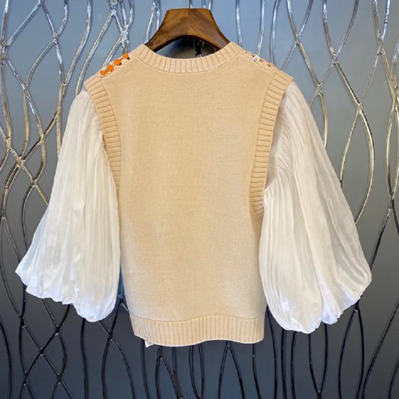 Tops Fashion Women's Set 2021 Spring Summer Suit Ladies Lantern Sleeve Linen Shirts+Crochet Knitting Vest Coats Casual 2 Pc Set