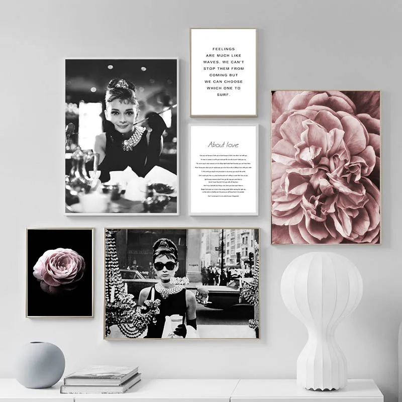 

Hepburn Black White Fashion Poster Canvas Wall Art Print Flower Painting Motivational Decorative Picture Modern Decor