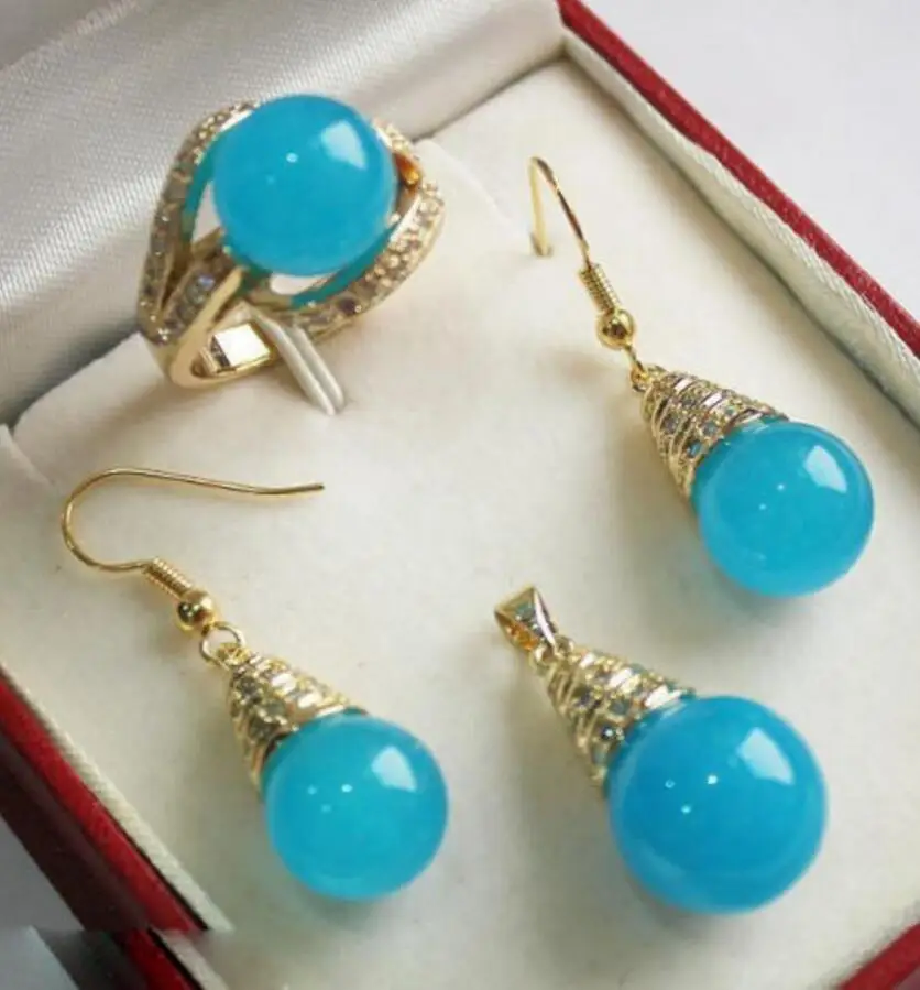 

Ювелирные изделия 12 мм комплект из ожерелья, серег и кольца с голубым нефритом