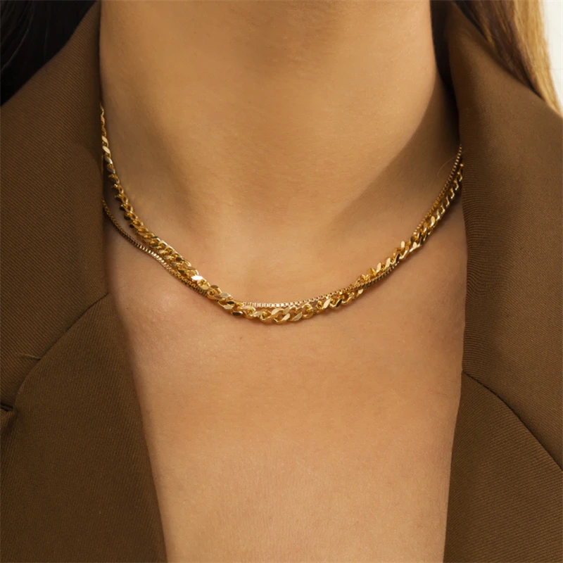 

Ailodo Minimalist Short Chains Necklace For Women Punk Gold Silver Color Double Layer Statement Necklace Fashion Jewelry Gift