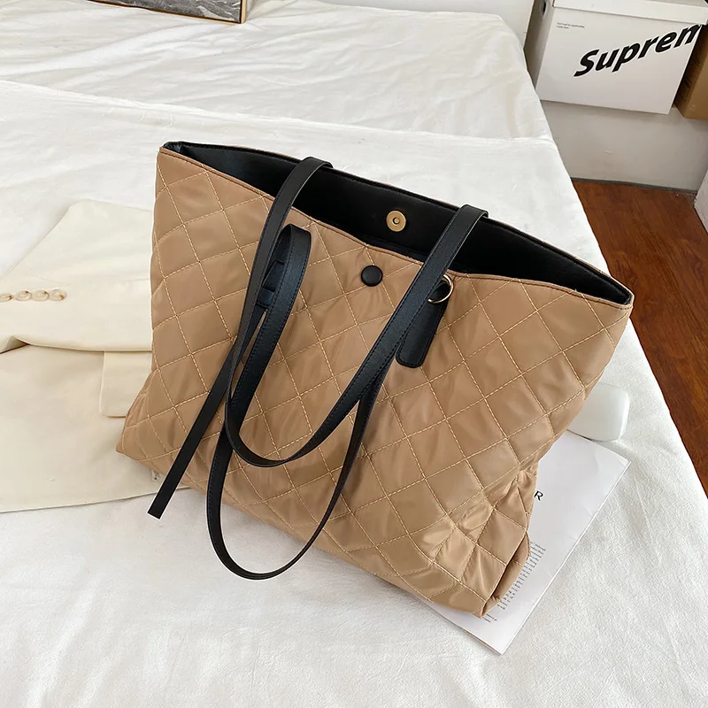 

Classic Diamonds Lattice Shoulder Women Bag 2 Pieces Set Nylon Lady Tote Shopping Bags Big Square Ladies Handbags Purse Clutches