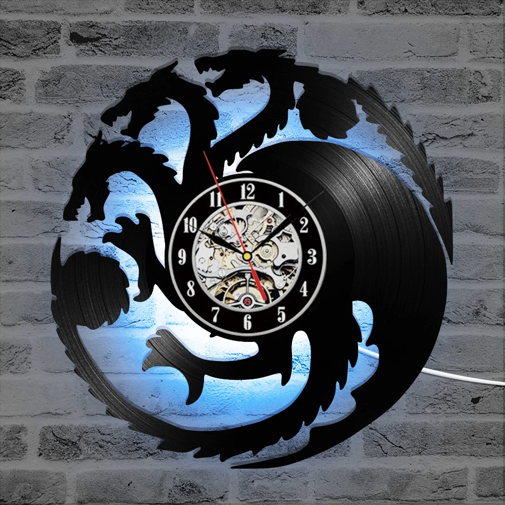 Fire Blood Game of Thrones Theme 3D Record Clock Hollow Round Dragon Shape Hanging Clock Antique Black Room Decor Wall Clock