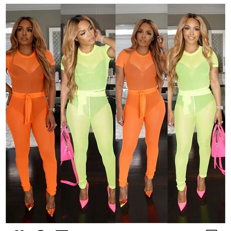 

Nightclub Party Wear Women Solid Grenadine Two Piece Sets Female's Sexy O-Neck Short Sleeve Crop Tops Lace-Up Bodycon Pants Sets