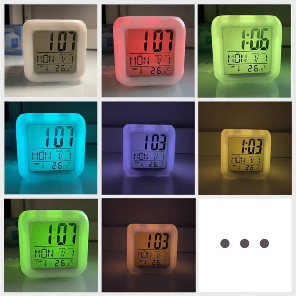 

1PC LED Kids Alarm Clock 7 Colors Changing Digital Desk Gadget Digital Alarm Thermometer Night Glowing Cube Clock Children Gift
