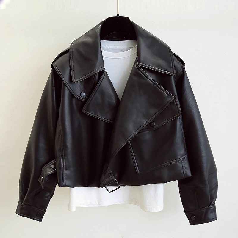 

New Spring Women Faux Leather Jacket Biker Red White Coat Turndown Collar Pu Motorcycle Jackets Loose Streetwear Outerwear
