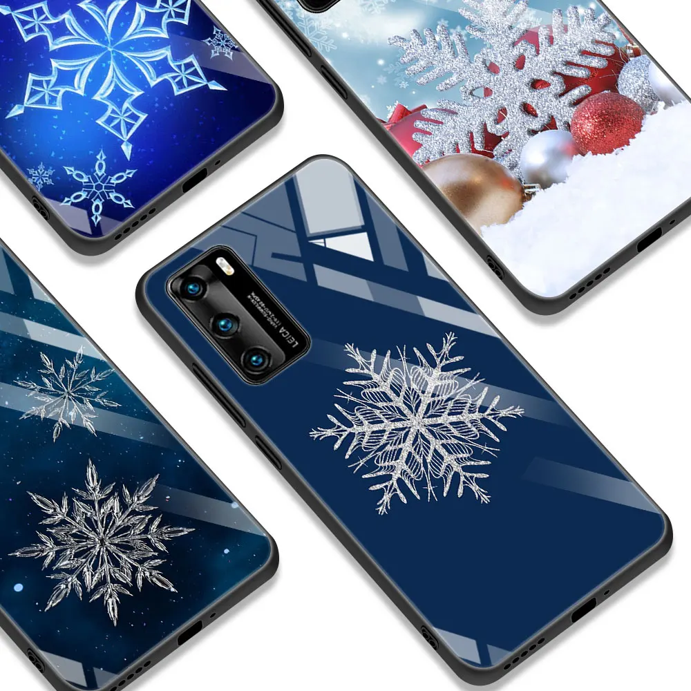 

Tempered Glass Case For Huawei P30 P40 P Smart Z P20 Pro P10 Lite Cell Phone Cover Y6 Y7 Y9 2019 Y8p Shell Snowflake Snow Flower