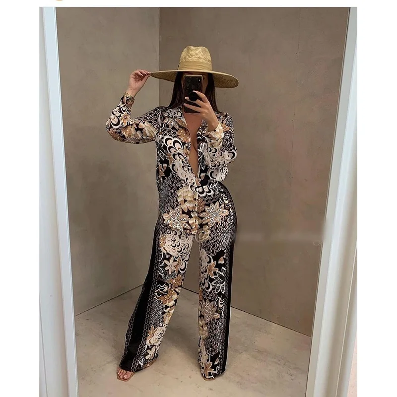 

Fall 2021 Commuter Chiffon Straight Tube Women's Suit Street Casual Rich Printed Trouser Suit Shirt And Trousers Two-Piece Set