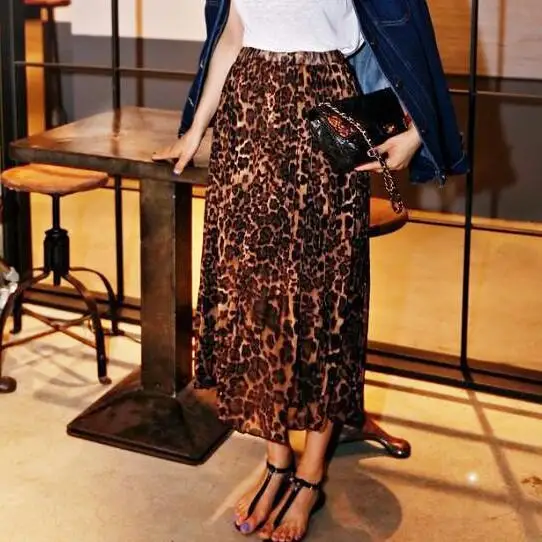 Summer Women Long Leopard Print Skirt Elastic High Waist Chiffon Pleated Slim Fit Casual Maxi WF332 | Женская одежда