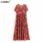 Винтажное шикарное Женское Платье макси с глубоким V-образным вырезом и красным цветочным принтом, Пляжное богемное летнее платье из искусственного хлопка, сарафан в стиле бохо, платья