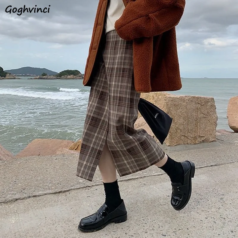 

Длинные женские юбки с Боковым Разрезом в стиле преппи простые универсальные осенние клетчатые юбки Ulzzang для отдыха базовые комфортные пов...