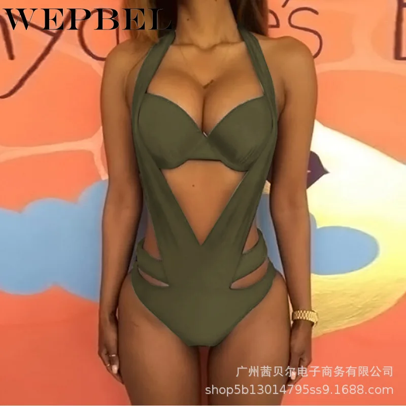 

WEPBEL Women Sexy Hollow Out Bandage Bodysuit Romper Ladies Solid Color Sleeveless Backless Skinny Overalls Swimsuit Swimwear