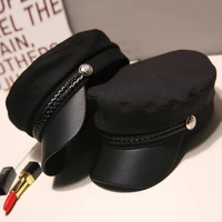 fashion unisex pu leather military hat autumn sailor hats for women men black grey flat top female travel cadet hat captain cap