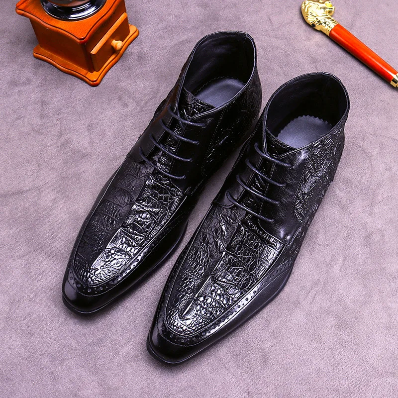 Мужские ботинки на плоской подошве черные до бедра с круглым носком из воловьей