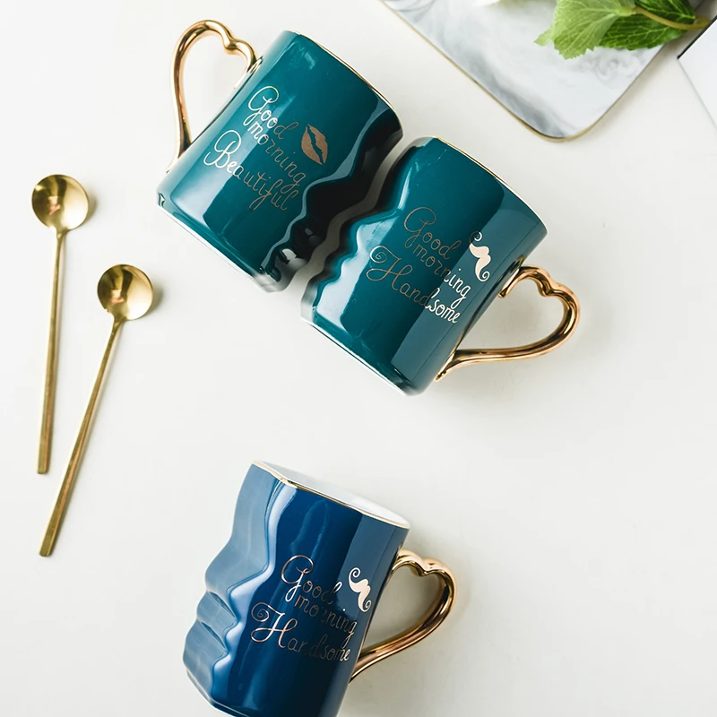 

Modern Ceramic Couple Mugs And Heart Love Shaped Saucer Gift For Engagement Wedding Bridal Coffee Cup Set Drinkware