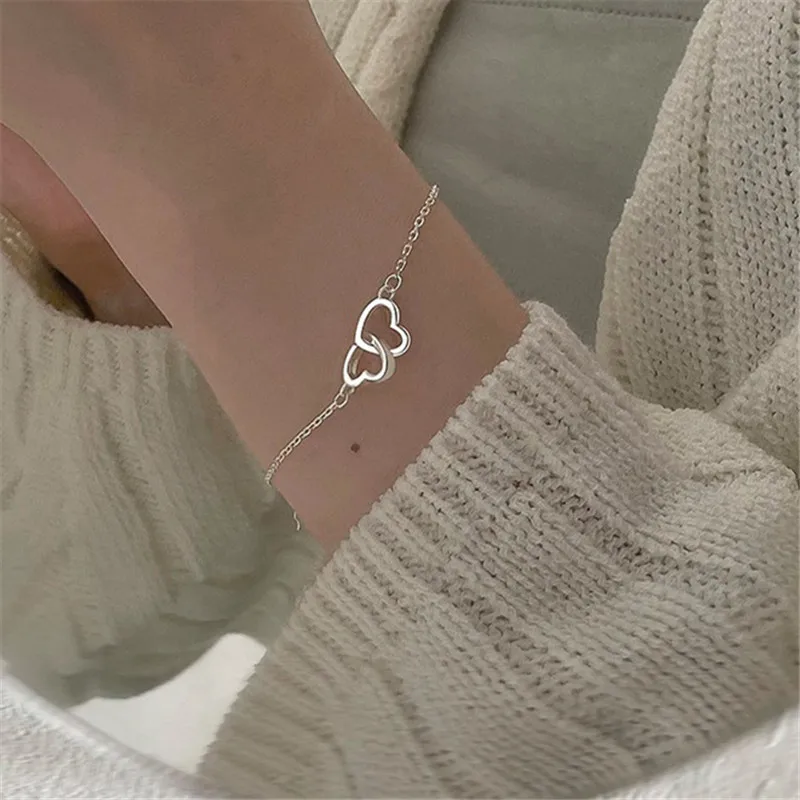 

Женский браслет из серебра 925 пробы, с двойным сердцем