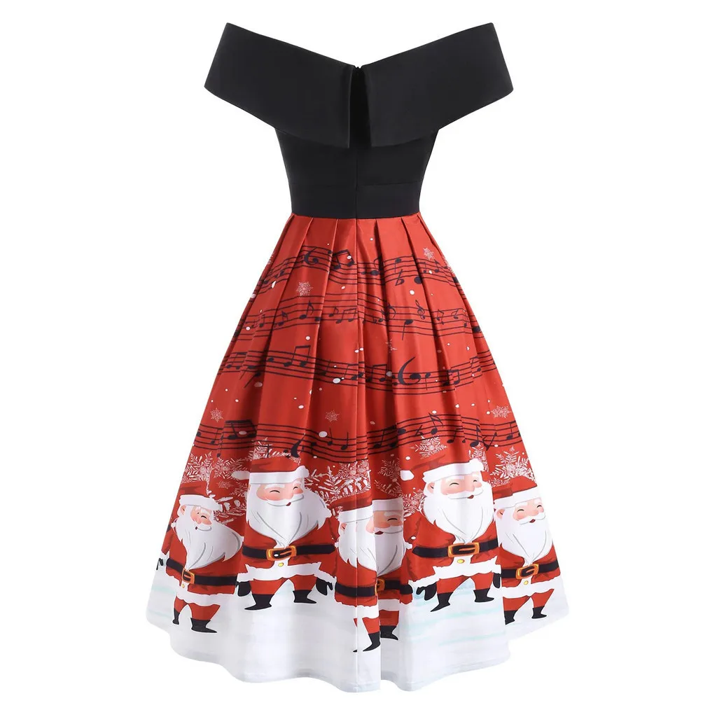 

New Merry Christmas Dress Fashion Vintage Print Strapless V-Neck Evening Party Dress for women sexy long dresses