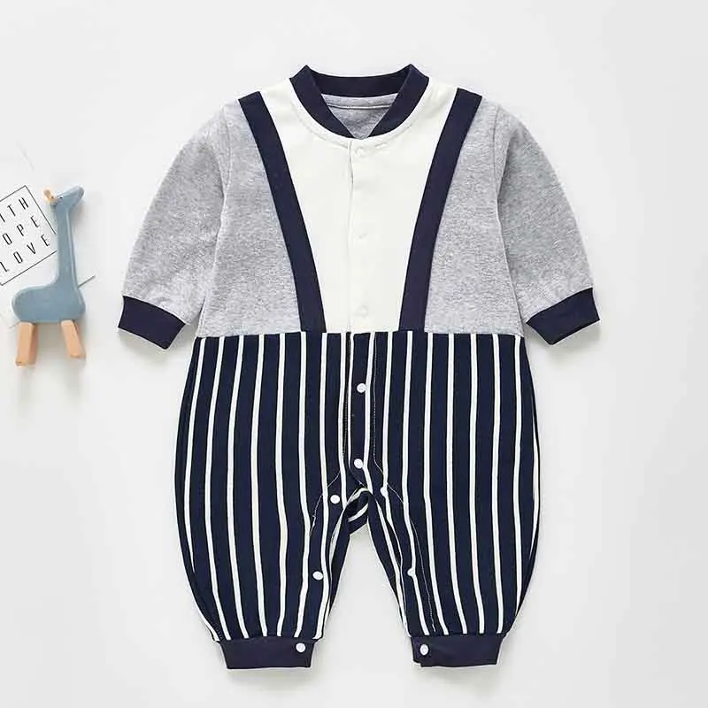 

Spring Boy Baby Romper Fake Two Piece Splicing Jumpsuit Striped Casual Climbing Baby Boy Clothes Outfit