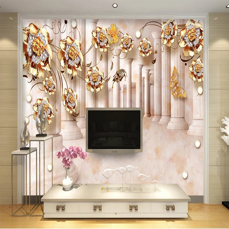 

Custom Photo Wallpaper For Living Room Golden Rose Wall Mural Vine Stone Roman Column Wallpapers Home Decoration
