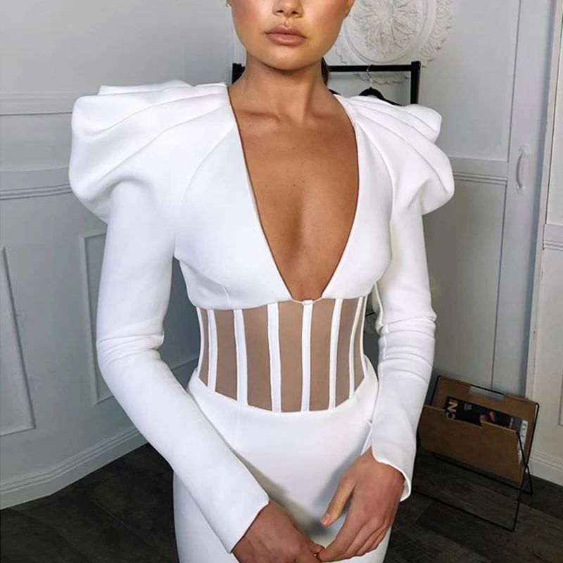 

Женское Сетчатое платье Sibybo, белое длинное платье с пышными рукавами и V-образным вырезом, для вечевечерние, на Рождество, 2020