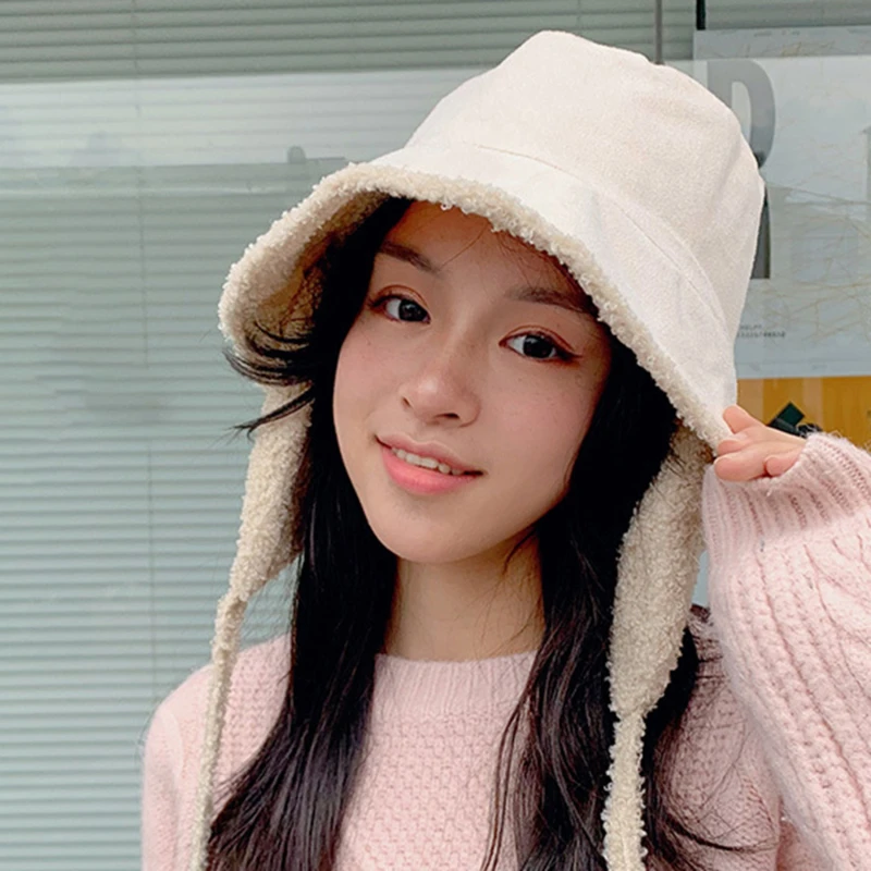 

Faux Lamb Wool Fisherman Hat Fur Warm Female Hat Ear Protection Men And Women Bucket Hat Outdoor Sun Hat Panama Hat