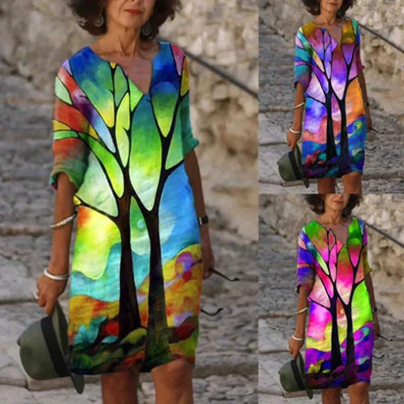 

Women Casual Dress Abstract Face Printed Streetwear 2021 Spring Long Sleeve V-Neck Loose Dress Plus Size 3XL 4XL Lady Vestidos