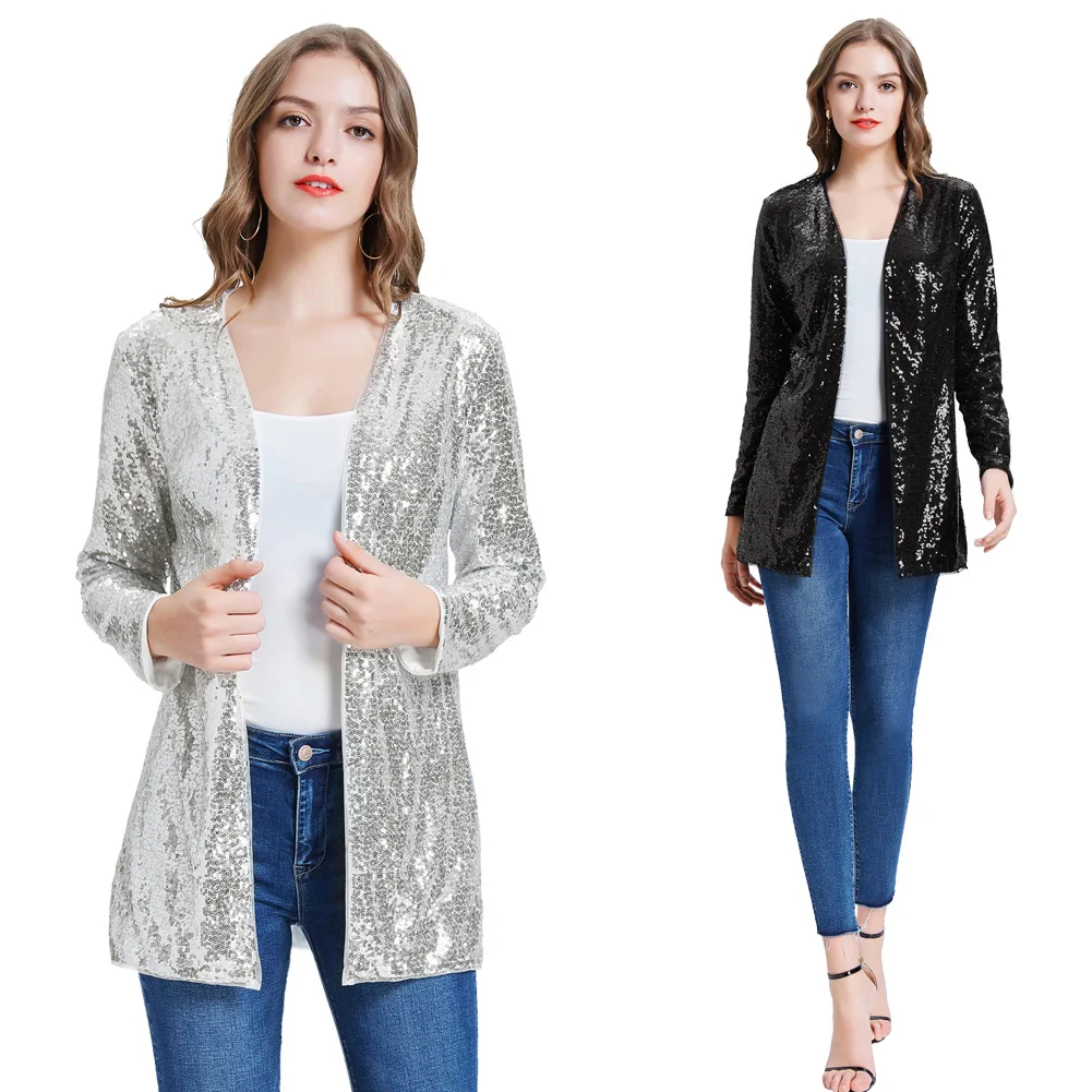 Женская куртка с блестящими блестками модная однотонная длинным рукавом и