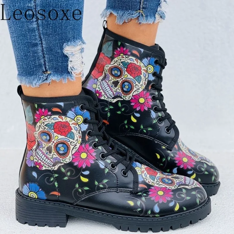 

2021 Women's Ankle Boots Low Heels Shoes Woman Vintage Warm High-top Snow Boots Motorcycle Skull Pansy Zapatos De Mujer