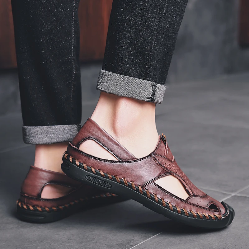 JIEMIAO Men's Sandals Soft First Layer Cowhide Breathable Lightweight Shoes Outdoor Casual Summer Beach Men Sandals Slippers