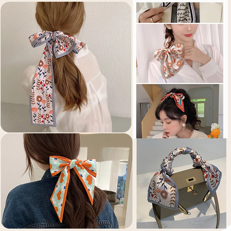 

2021 Cute Floral Chiffon Hair Ribbons Scarf For Women Korean Girls Flower Hairbands Scrunchies Ponytail Holder Hair Accessories
