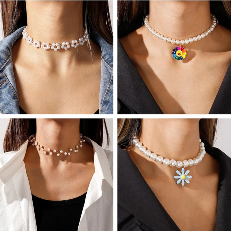 

Elegant Pearl Choker Necklace for Women Sunflower Butterfly Pendant Necklace Girls Party Sweater Jewelry Collar Collier Femme