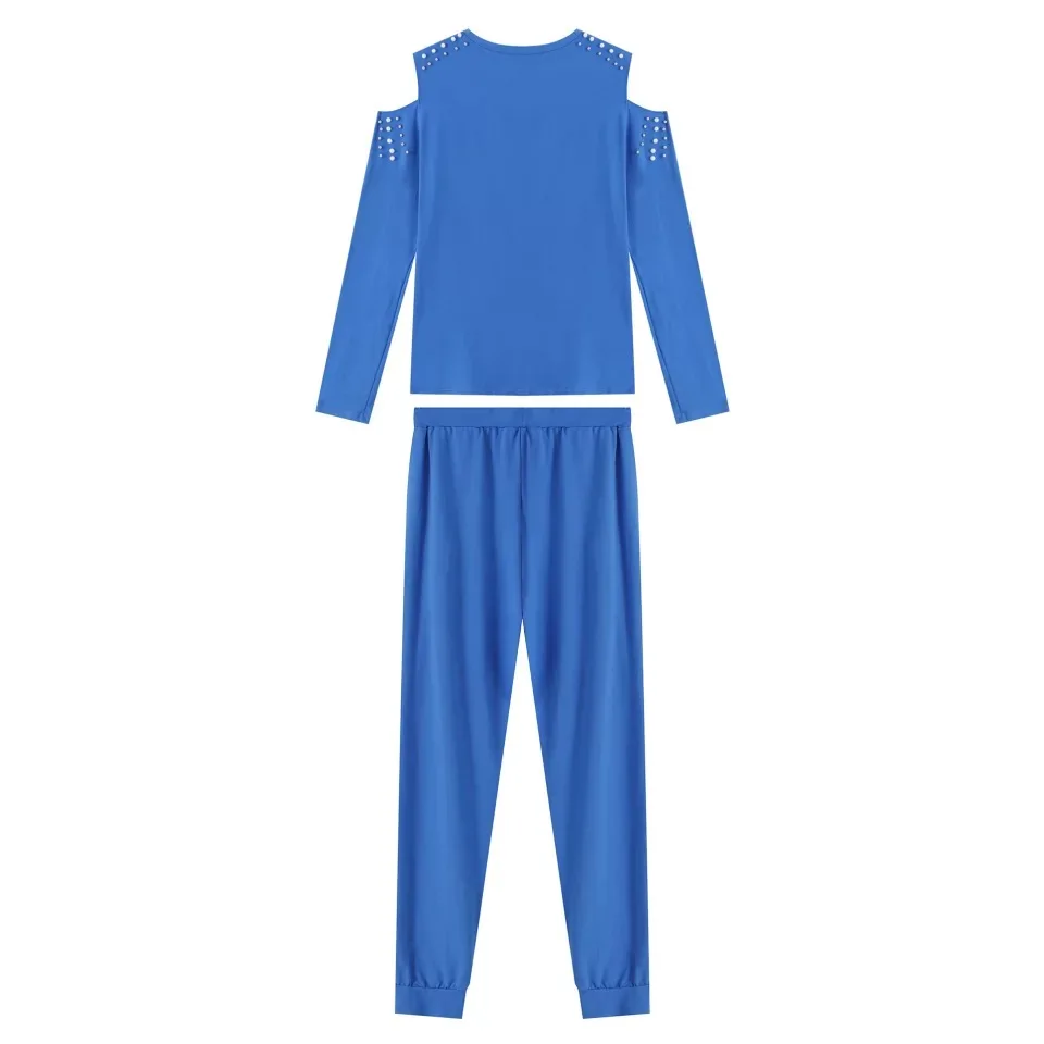 

Women Casual 2 Piece Outfits Hollow Out Design Beading Decor O-Neck Long/Short Sleeve Solid Top+Drawstring Slim Pencil Pants