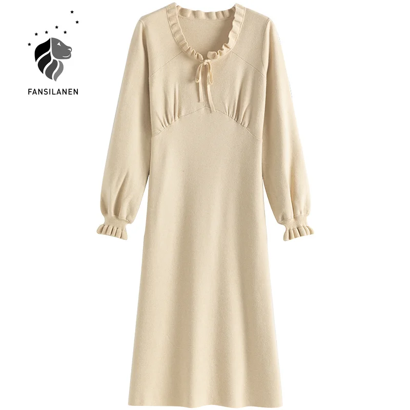 

FANSILANEN Ruffle elegant long knitted sweater dress Women bow bandage slim vitnage dress Autumn winter female sexy office dress
