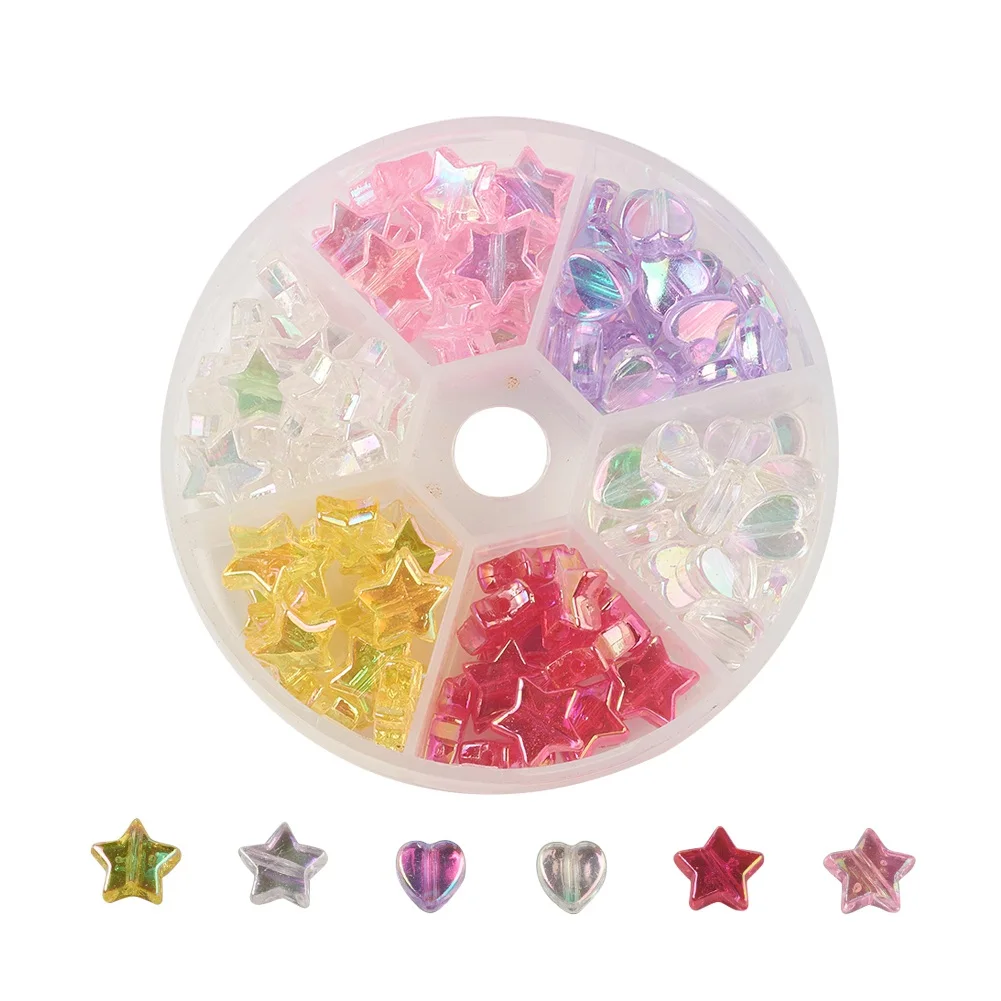 

110pcs/box Eco-Friendly Transparent Acrylic Beads Star and Heart for Jewelry Making DIY Mixed Color 8~10x8x3~4mm, Hole: 1.5mm