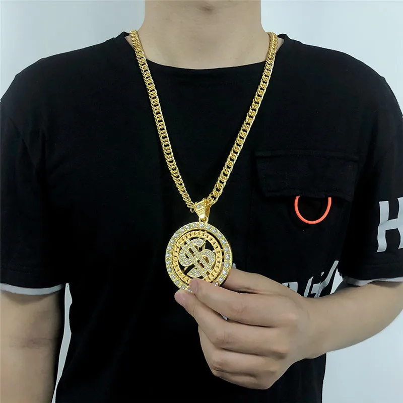 Hip Hop Gold Silver Color Rotating Dollar Pendant Long Necklace Rhinestone Men Boy Jewelry Disc Accessories | Украшения и