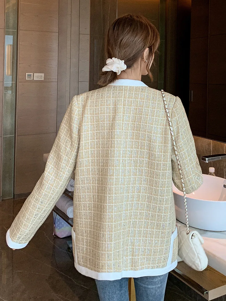 

Khaki Plaid Tweed Coats and Jackets Women 2020 Autumn Winter Women Jackets Round Neck Covered Button Coat Loose Outwear