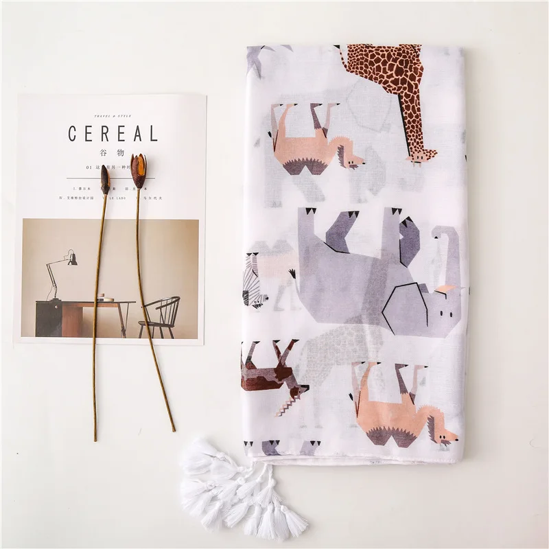 Однотонные милые животные шарф из хлопка и льна длинные белые пляжная