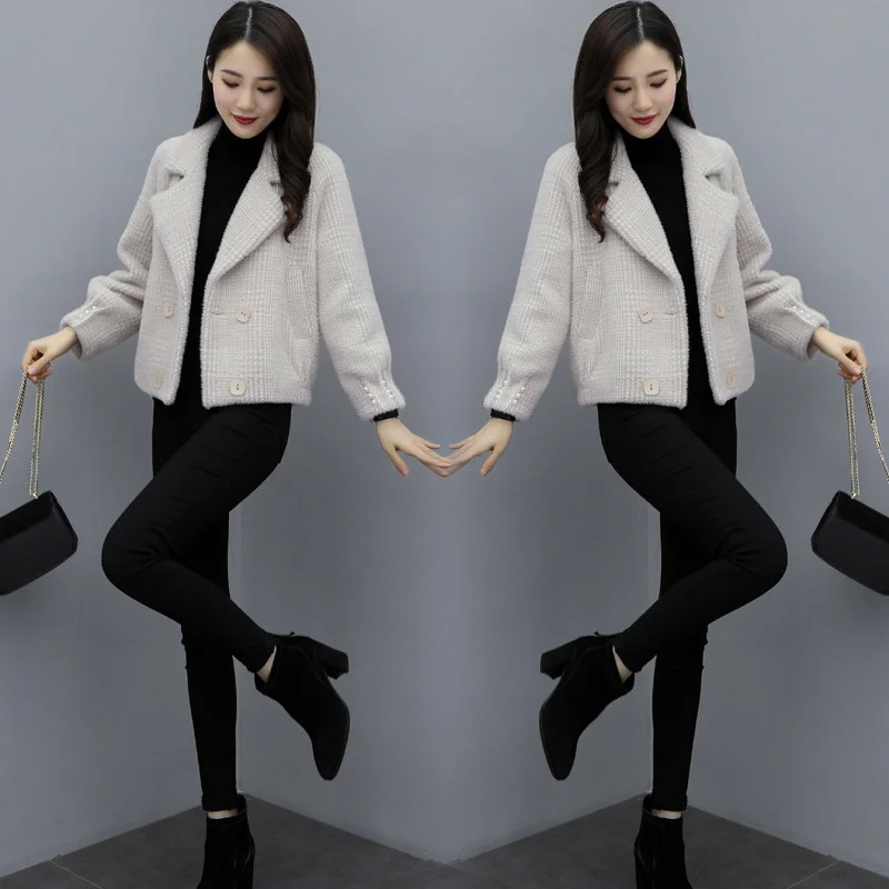 

Короткое приталенное пальто сезона осень-зима 2021, Модное Длинное Однотонное шерстяное пальто в клетку с длинными рукавами