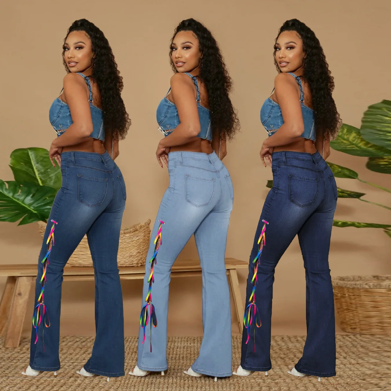 

Women's jeans plus size women's clothing fashion sexy commuter locomotive splits tied wide loose jeans wide-leg pants