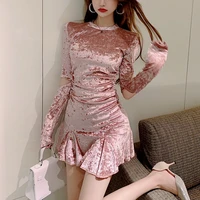 mini pink velvet dress women sexy high waist evening party dress korean fashion gothic y2k long sleeve bodycon dress autumn 2021