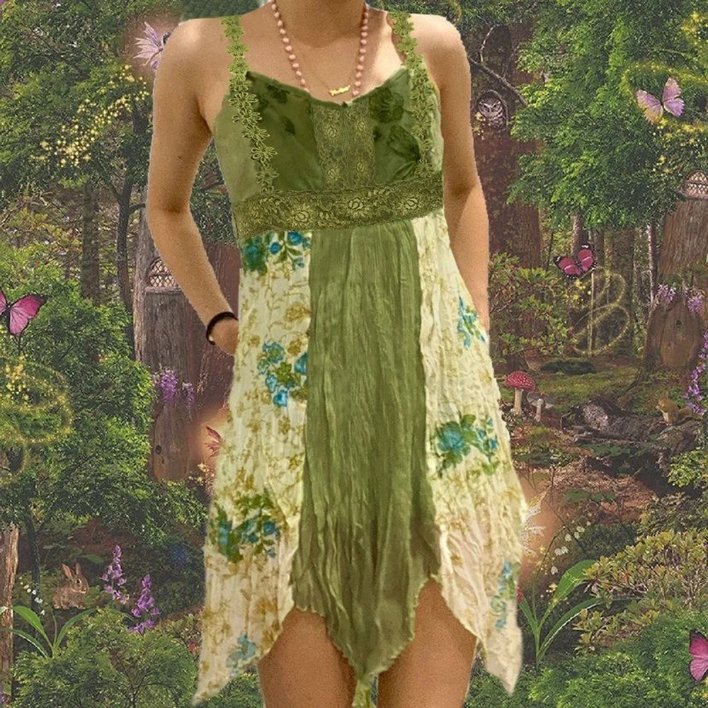

Y2K зеленое гранж с принтом сказочное комбинированное платье женское винтажное кружевное лоскутное платье со складками летнее асимметрично...
