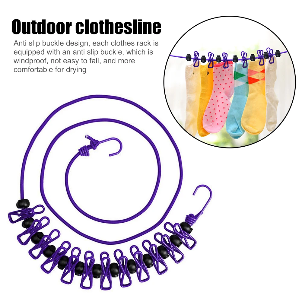 

Camping Clothesline Drying Rack Line with 12 Clips Portable Outdoor Windproof Anti Slip Stretchy Hanging Laundry Drying Rope