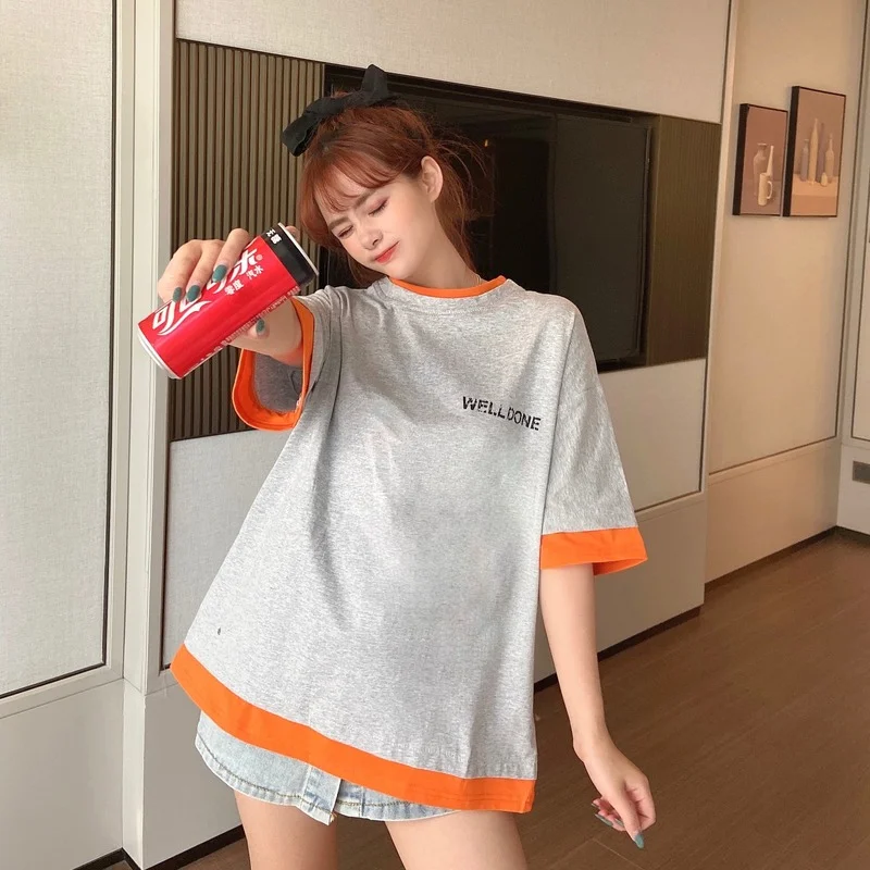 

New Round Neck Short Sleeve T-shirt Summer Plus Size Comfortable Fashion T Shirt Splicing Letter Printed Top Casual Cotton