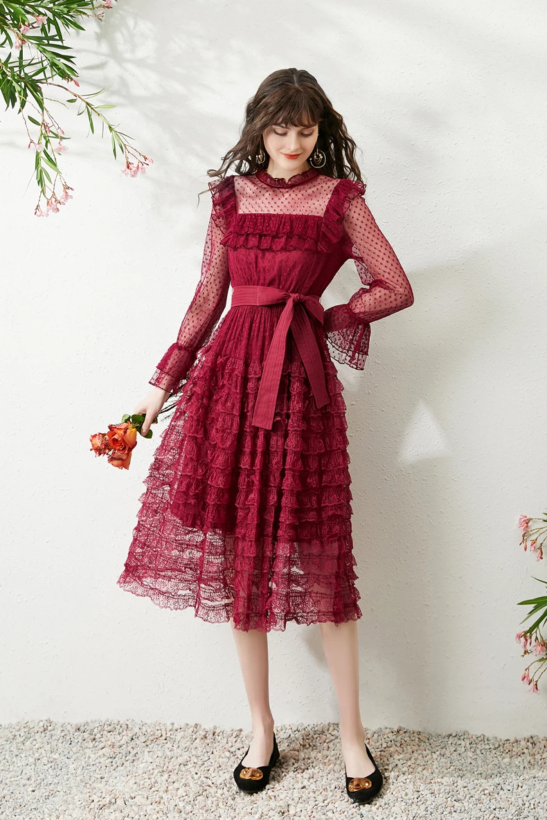 

Women's Runway Designer Dresses Ruffled Collar Long Sleeves Tiered Ruffles Sexy Tulle Laid Over Fashion High Street Casual Dress