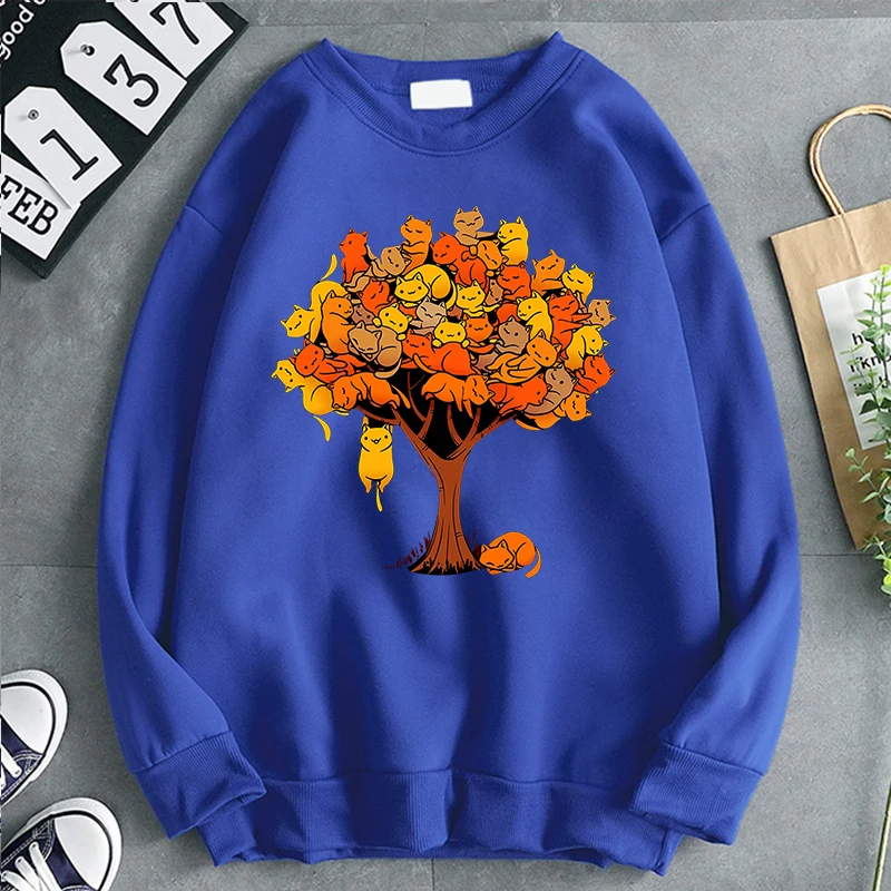 

Cat Tree Cartoons Casual Prints Hoodies Mens Casual Autumn Pullover Street Hip Hop Hoody Fleece Crewneck Loose Menswear Pullover