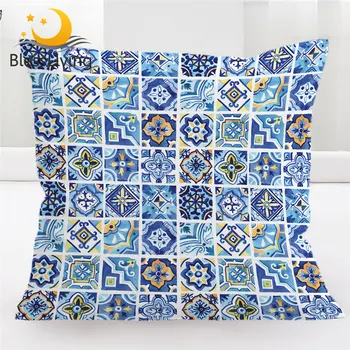 BlessLiving Watercolor Cushion Cover Mediterranean Ceramics Pillow Case Geometric Squares Pillow Cover Mandala Floral Kussenhoes 1