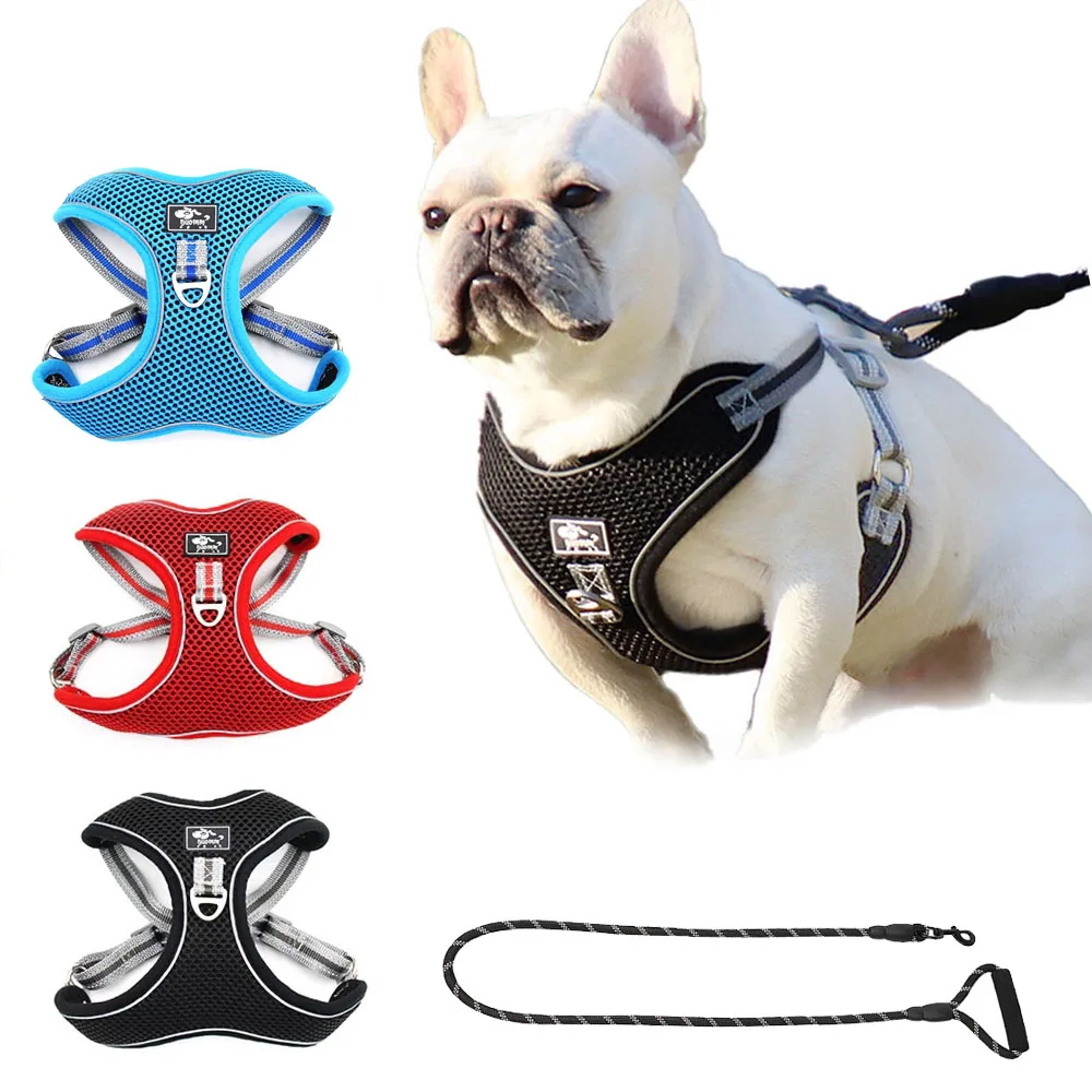 Polyester Reflective Large Dog Harness Vest Leads Leash Adjustable Breathable Pet Harnesses No Pull For French Bulldog Stuff | Дом и сад