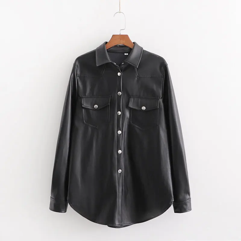 Женская рубашка из искусственной кожи 2019 модная женская черная однотонная